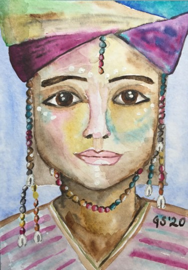 Painting titled "Ethno girl" by Gudrun Sageder, Original Artwork, Watercolor