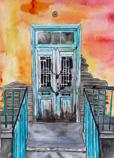 Malerei mit dem Titel "Old Greek Door" von Gudrun Sageder, Original-Kunstwerk, Aquarell