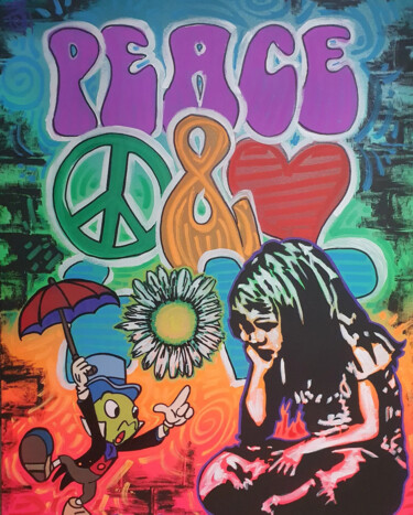 Painting titled "PEACE&LOVE" by Guemi (1980), Original Artwork, Acrylic Mounted on Wood Stretcher frame