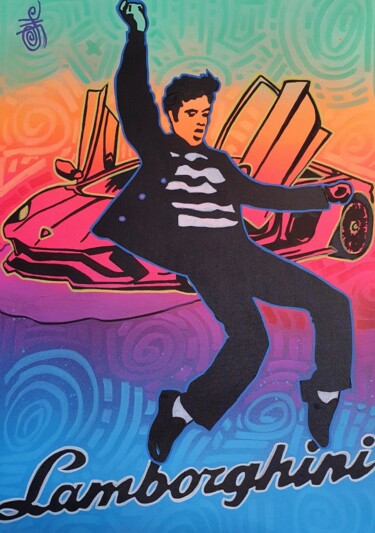 Painting titled "ELVIS LOVE LAMBORGH…" by Guemi (1980), Original Artwork, Acrylic Mounted on Wood Stretcher frame