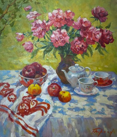 Peinture intitulée "Pivoine au soleil" par Guennadi Bernadsky, Œuvre d'art originale, Huile Monté sur Châssis en bois