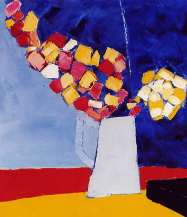 Peinture intitulée "Fleurs, pot bleu" par Guernez, Œuvre d'art originale, Huile