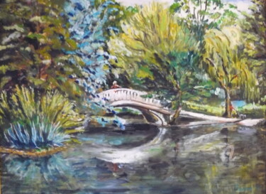 Painting titled "Pont sur le lac des…" by Gueryn, Original Artwork, Oil