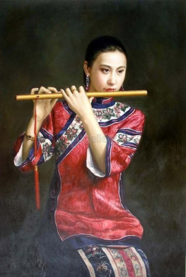 Painting titled "THE CHINESE FLUTIST" by Guibing Zhu, Original Artwork, Other