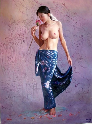 Painting titled "SMELLING ROSE" by Guibing Zhu, Original Artwork, Oil