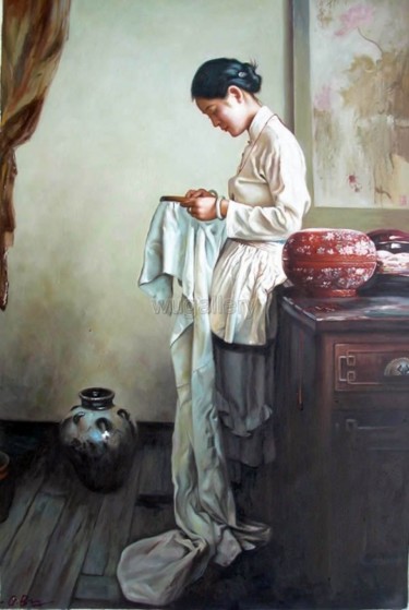 Painting titled "THE CHINESE GIRL" by Guibing Zhu, Original Artwork, Oil