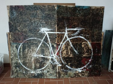 Painting titled "Bicicletta" by Guido Guzzo, Original Artwork, Collages Mounted on Wood Stretcher frame
