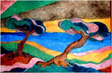 Pittura intitolato "alberi davanti al m…" da Guido Maria Filippi, Opera d'arte originale, Olio