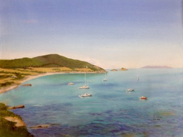 Painting titled "Corse: Plage de Tam…" by Lydia Guigo, Original Artwork, Oil Mounted on Wood Stretcher frame