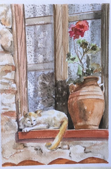 Peinture intitulée "Chat blanc au géran…" par Lydia Guigo, Œuvre d'art originale, Aquarelle