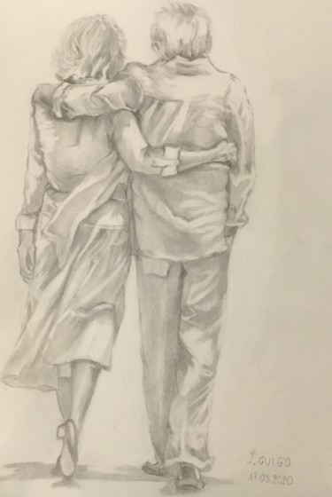Disegno intitolato "Couple sur la plage…" da Lydia Guigo, Opera d'arte originale, Matita