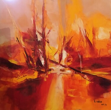 Painting titled "Rouge feu" by Lydia Guigo, Original Artwork, Oil Mounted on Wood Stretcher frame