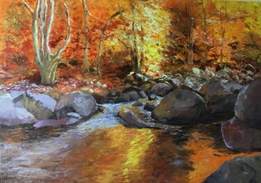 Painting titled "Rivière d’or" by Lydia Guigo, Original Artwork, Oil Mounted on Cardboard