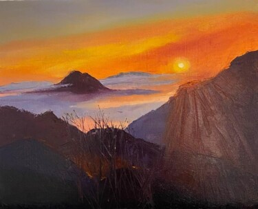 Painting titled "Coucher de soleil v…" by Lydia Guigo, Original Artwork, Oil Mounted on Wood Stretcher frame