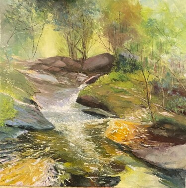 Painting titled "Bois et rivière" by Lydia Guigo, Original Artwork, Oil Mounted on Wood Stretcher frame