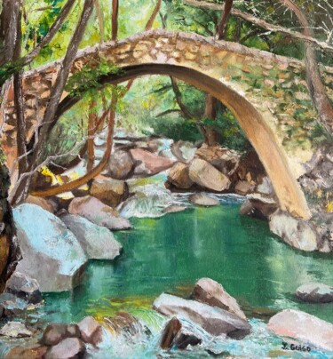 Painting titled "Pont et rivière" by Lydia Guigo, Original Artwork, Oil Mounted on Wood Stretcher frame