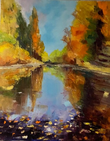 Painting titled "Rivière d’automne" by Lydia Guigo, Original Artwork, Oil