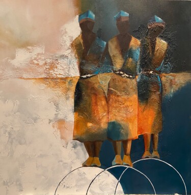 Schilderij getiteld "Africain, 3 personn…" door Lydia Guigo, Origineel Kunstwerk, Acryl Gemonteerd op Frame voor houten bran…