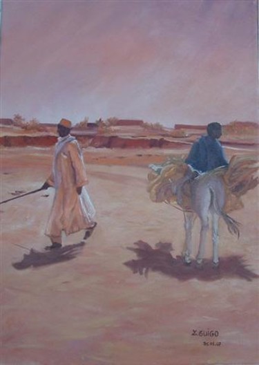 Painting titled "hommes du Niger" by Lydia Guigo, Original Artwork, Oil Mounted on Wood Stretcher frame