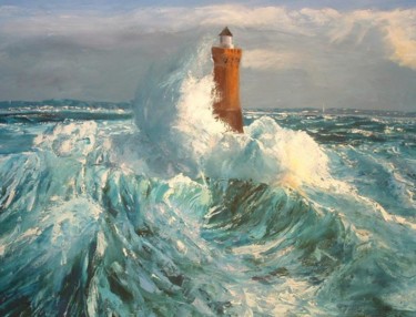 Painting titled "le phare du four" by Lydia Guigo, Original Artwork, Oil