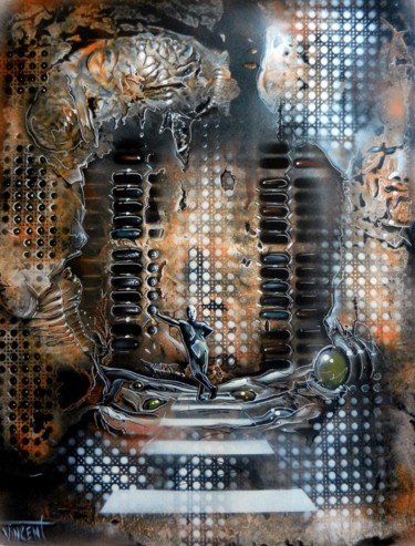 Painting titled "Neurone" by Guillaume Vincent, Original Artwork, Spray paint Mounted on Cardboard