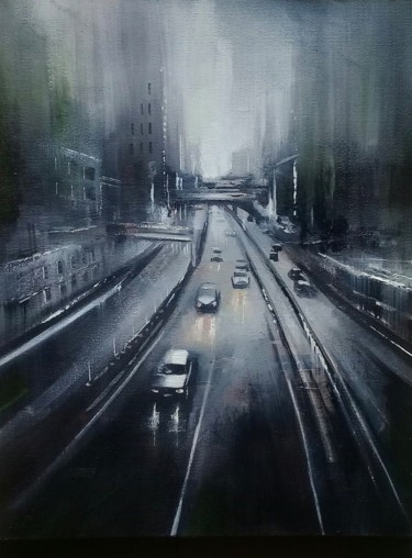 Painting titled "Autoroute" by Guillaume Vincent, Original Artwork, Oil Mounted on Wood Stretcher frame
