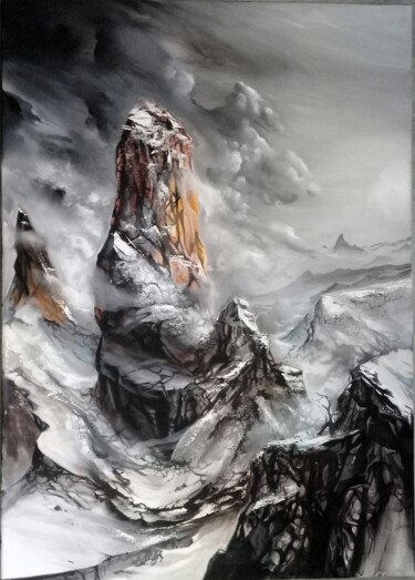 Painting titled "Trango tower" by Guillaume Vincent, Original Artwork, Oil Mounted on Wood Stretcher frame
