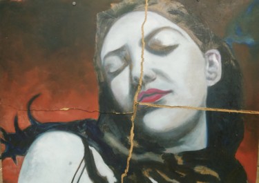 Painting titled "Amour déchu" by Guillaume Canva (.cG.), Original Artwork, Oil Mounted on Wood Stretcher frame