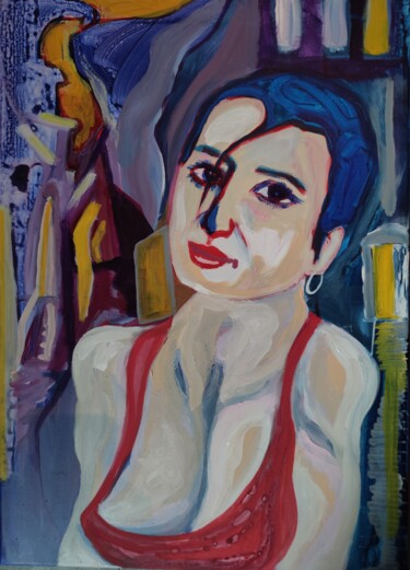 Painting titled "Jeune femme en vill…" by Guillaume Canva (.cG.), Original Artwork, Acrylic Mounted on Wood Stretcher frame