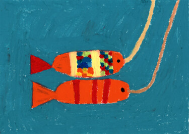 Drawing titled "Poissons d'Avril" by Guillaume Chocu (YAUME-C), Original Artwork, Pastel Mounted on Wood Panel