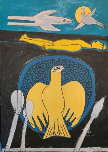 제목이 "Vrouw met duif"인 판화 Guillaume Corneille로, 원작, 리소그래피