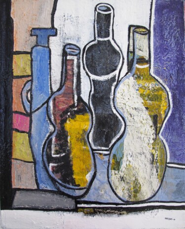Painting titled "Vases et bouteille" by Guillaume Defins, Original Artwork, Acrylic Mounted on Wood Stretcher frame