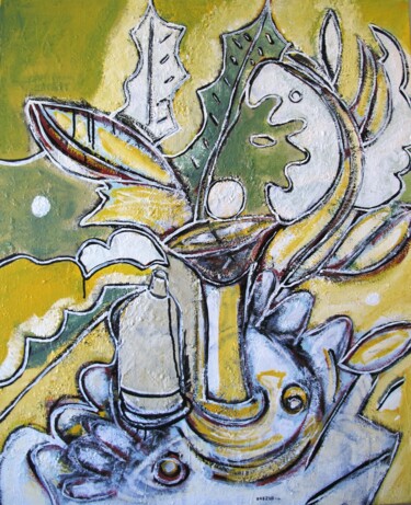 Painting titled "Fleur jaune" by Guillaume Defins, Original Artwork, Acrylic Mounted on Wood Stretcher frame