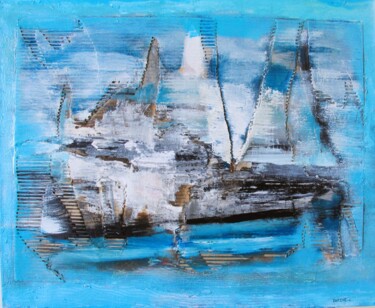 Schilderij getiteld "Bateau sur l'eau" door Guillaume Defins, Origineel Kunstwerk, Acryl Gemonteerd op Frame voor houten bra…