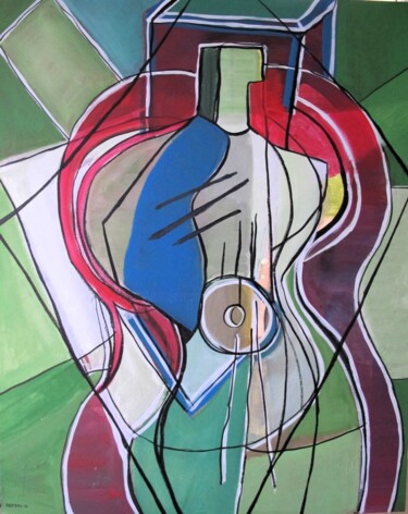 Painting titled "Cubisme guitare # 3" by Guillaume Defins, Original Artwork, Acrylic Mounted on Wood Stretcher frame