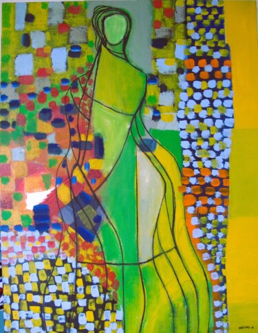 Картина под названием "Femme verte" - Guillaume Defins, Подлинное произведение искусства, Акрил Установлен на Деревянная рам…