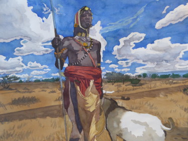 Peinture intitulée "Berger masaï" par Guillaume Girot, Œuvre d'art originale, Aquarelle