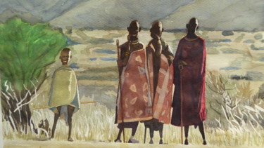 Peinture intitulée "Masaïs 2" par Guillaume Girot, Œuvre d'art originale, Aquarelle