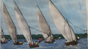 Peinture intitulée "Bateaux de pêche" par Guillaume Girot, Œuvre d'art originale, Aquarelle
