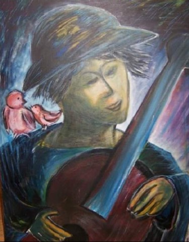 Peinture intitulée "Musicien aux oiseaux" par Guillaume Van Ruymbeke, Œuvre d'art originale, Huile