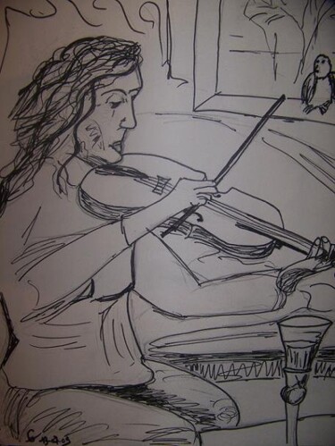 Dessin intitulée "Femme au violon" par Guillaume Van Ruymbeke, Œuvre d'art originale