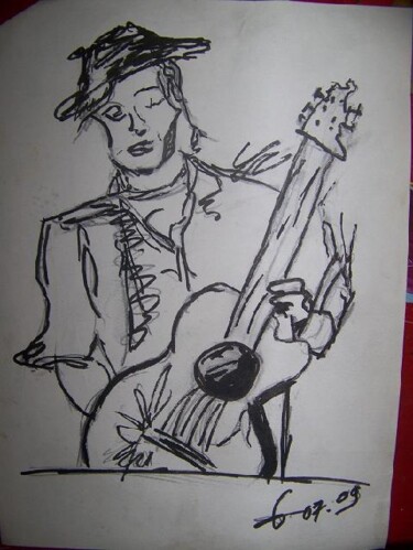 Dessin intitulée "homme à la guitare" par Guillaume Van Ruymbeke, Œuvre d'art originale