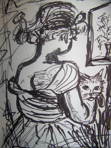 Dessin intitulée "l'enfant et le chat" par Guillaume Van Ruymbeke, Œuvre d'art originale