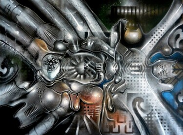 Painting titled "Machinerie" by Guillaume Vincent, Original Artwork, Spray paint Mounted on Wood Stretcher frame