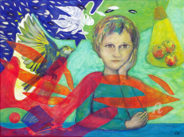 Pintura intitulada "L'enfant et l'oiseau" por Guillaume Rist, Obras de arte originais, Acrílico