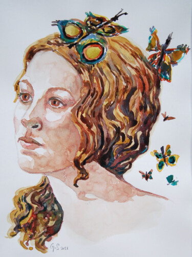Pintura intitulada "La femme aux papill…" por Guillemette Schlumberger, Obras de arte originais, Aquarela