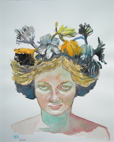 Malerei mit dem Titel "Buste de femme à la…" von Guillemette Schlumberger, Original-Kunstwerk, Aquarell