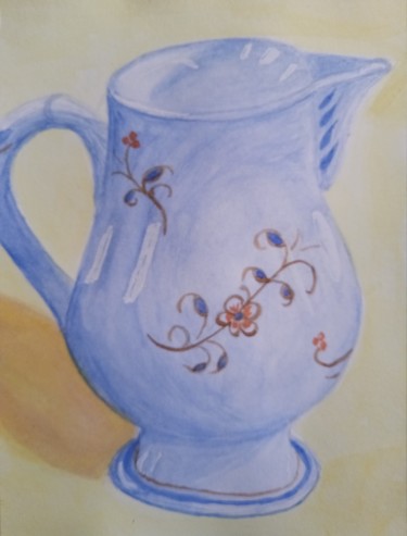 Painting titled "Pot bleu" by Guillemette Hervieux, Original Artwork, Watercolor