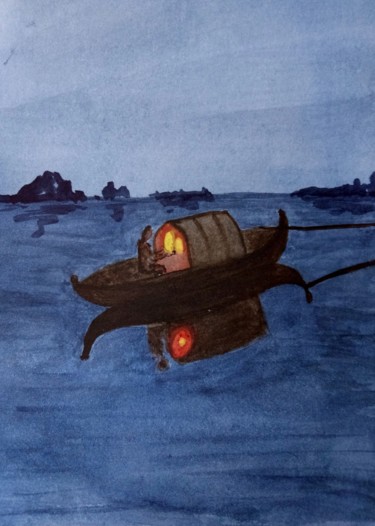 Peinture intitulée "Pêche de nuit" par Guillemette Hervieux, Œuvre d'art originale, Aquarelle