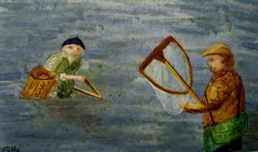 Painting titled "Les pêcheurs de cre…" by Guillemette Hervieux, Original Artwork, Watercolor